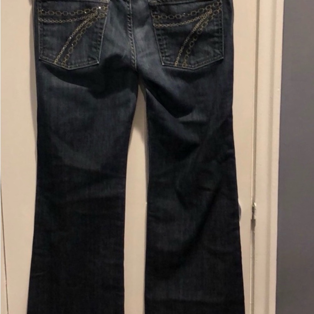 7 For All Mankind Dark Blue Flare Jeans with Chain-Stitch Pocket Detail